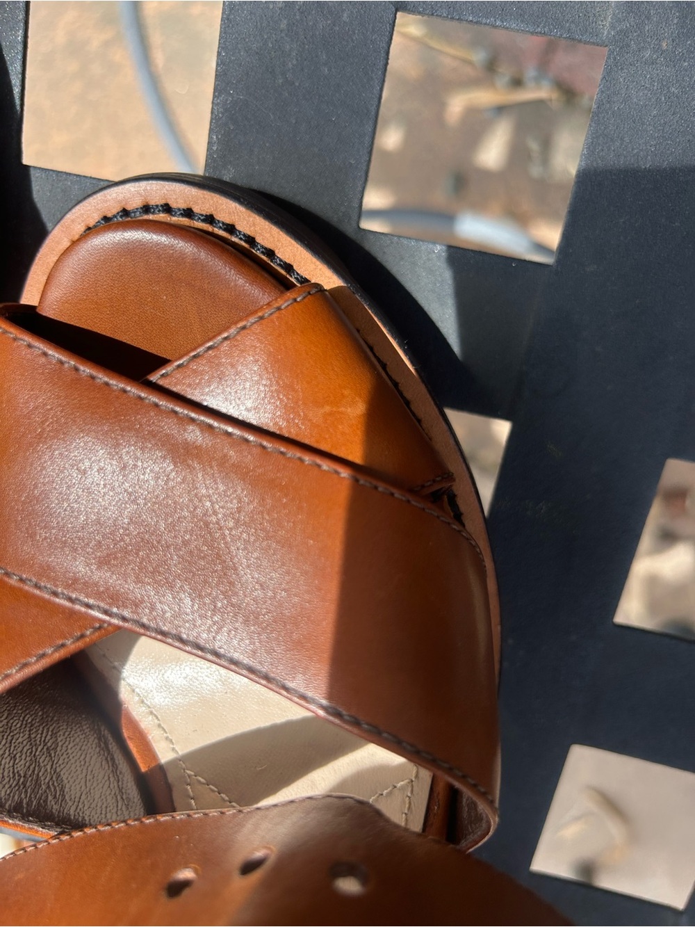 Prada Cognac Leather Platform Sandal with Gold Ring - Picture 7 of 7